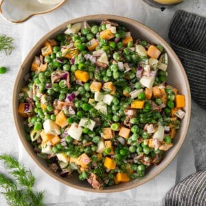 English pea salad in a bowl.