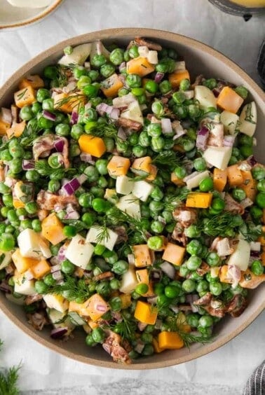 English pea salad in a bowl.
