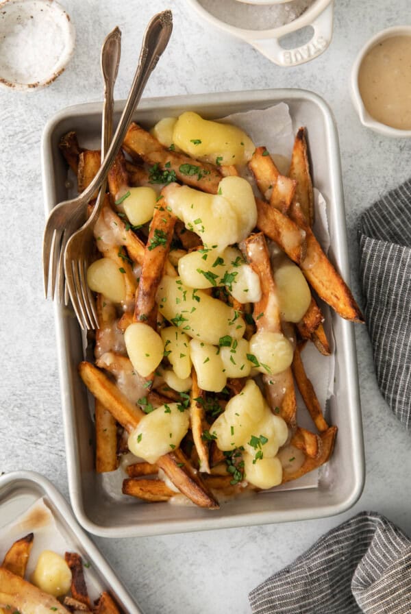 a white plate topped with french fries covered in cheese.