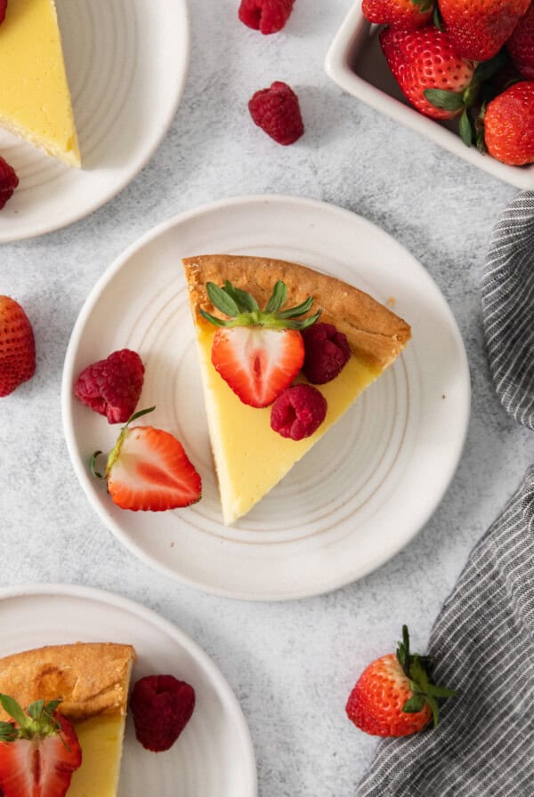 Slice of ricotta pie on a plate.