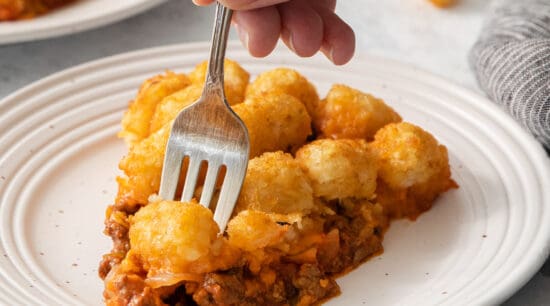 a person holding a piece of taters on a plate.