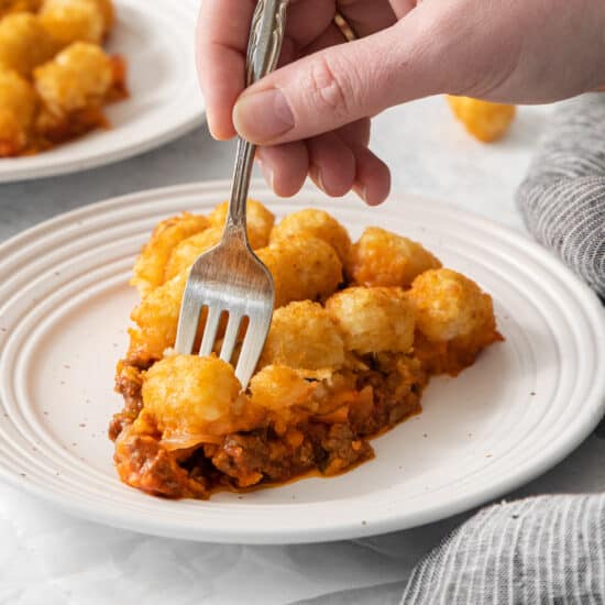 a person holding a piece of taters on a plate.