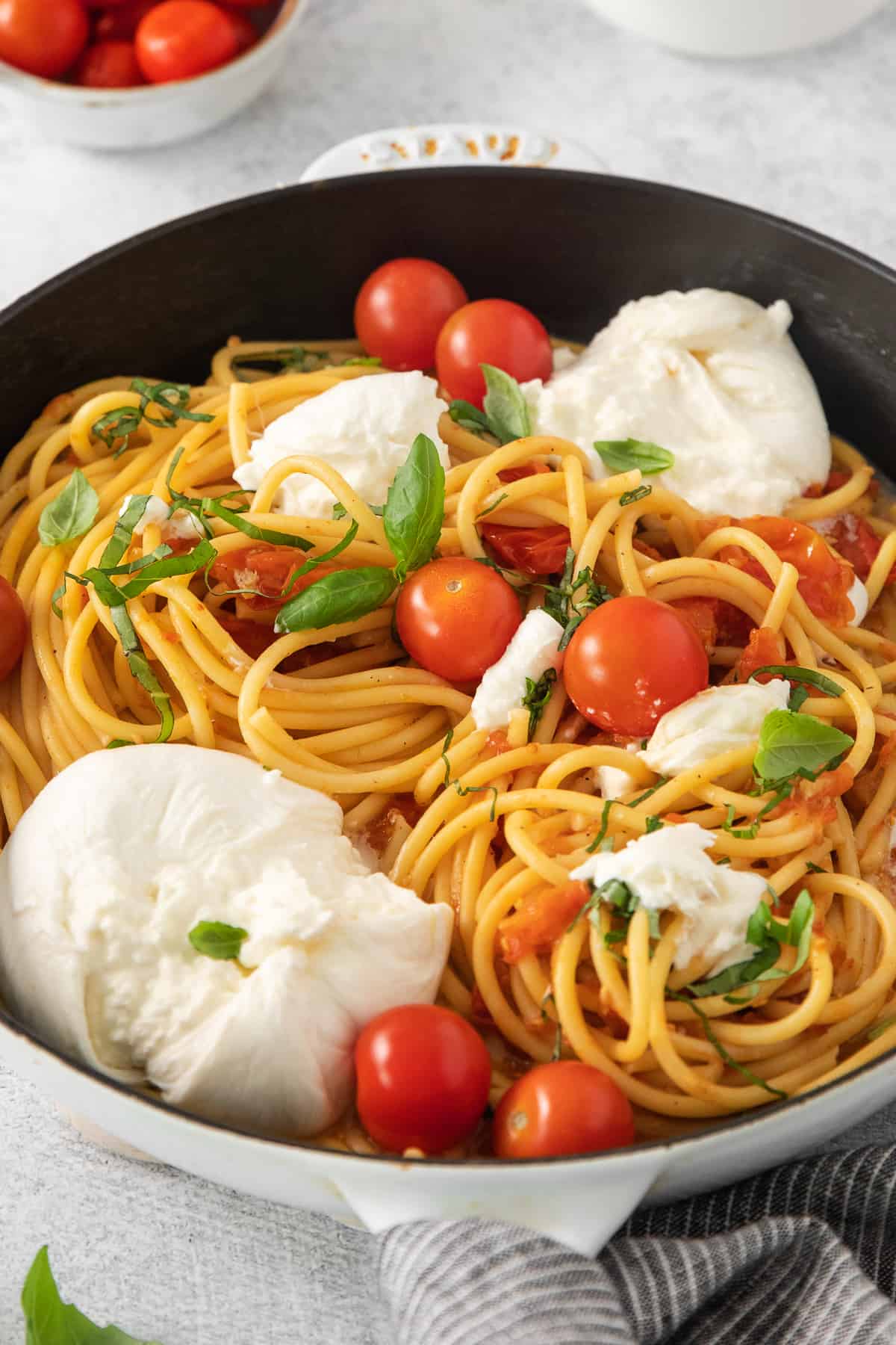 Burrata pasta in a cast iron skillet.