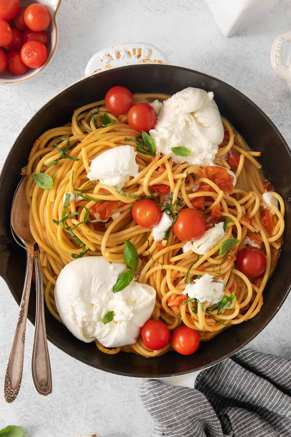 Burrata pasta in a cast iron skillet.