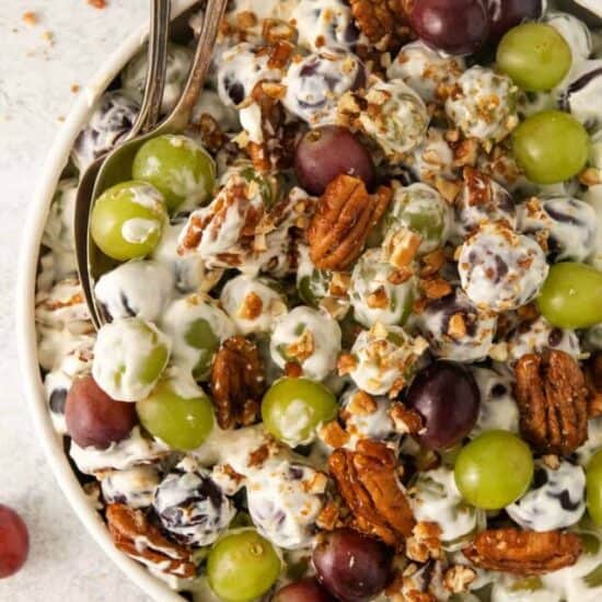 Grape salad with cream cheese in a bowl.