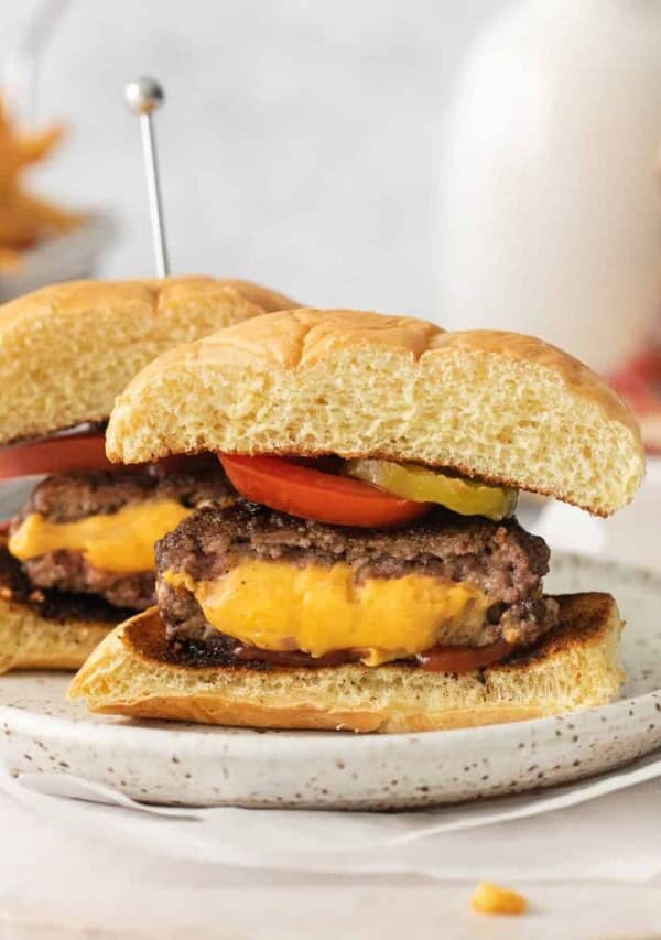 Juicy lucy burger on a plate.