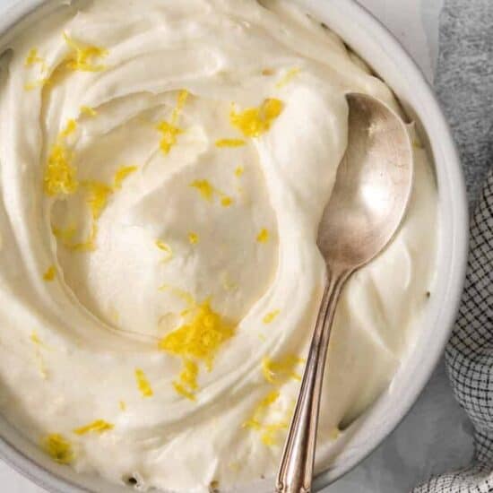 Lemon cream cheese frosting in a bowl.