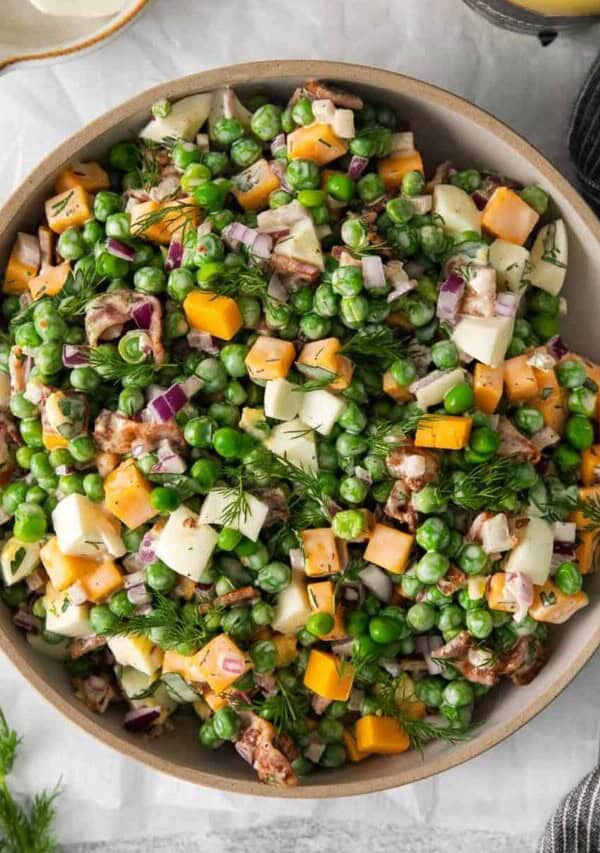 English pea salad in a bowl.
