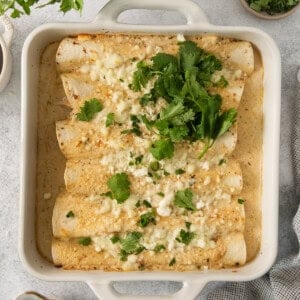 mexican enchiladas in a white baking dish.