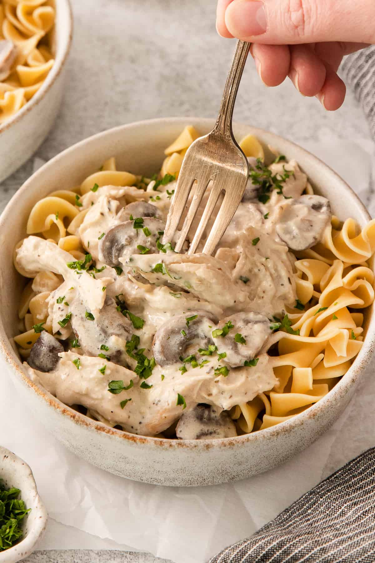 a person holding a fork in a bowl of mushroom risotto.