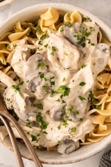 a bowl of mushroom risotto with a fork.