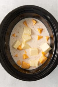 a crock pot filled with butter and cubes of cheese.