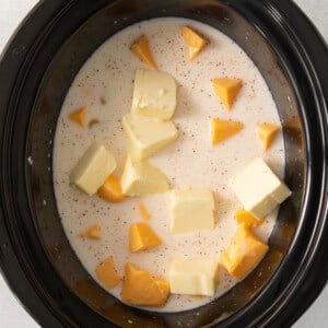 a crock pot filled with butter and cubes of cheese.