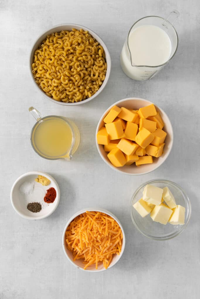ingredients for cheesy macaroni and cheese.