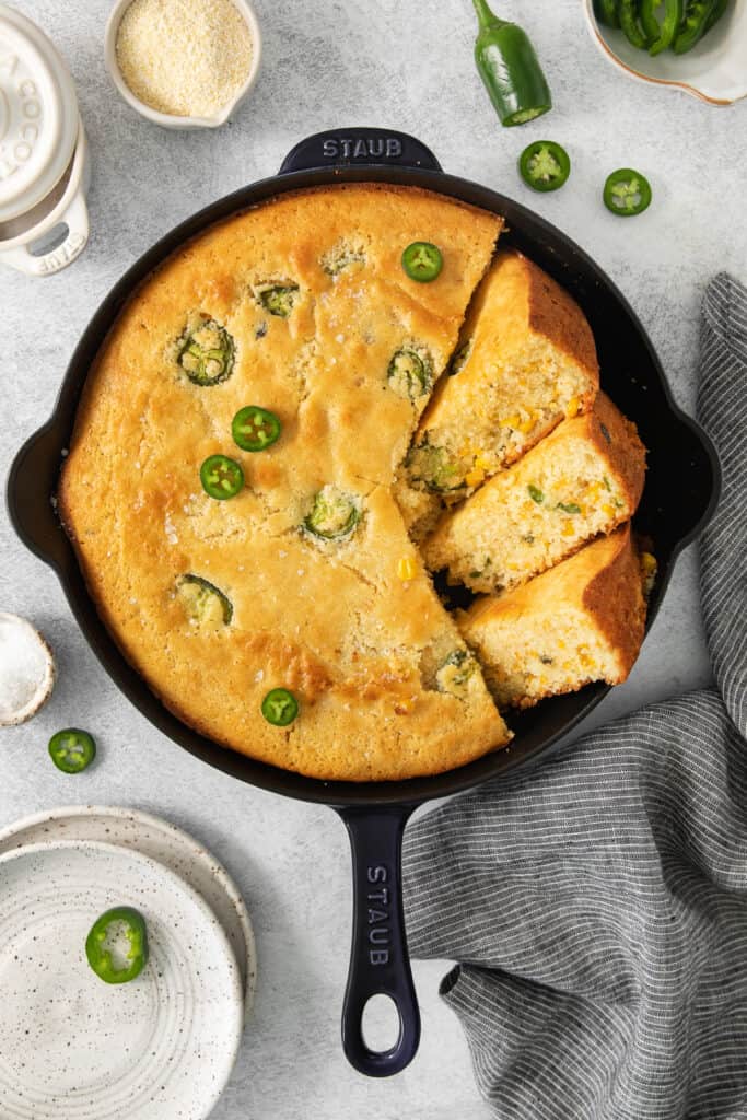 jalapeo cornbread in a cast iron skillet.