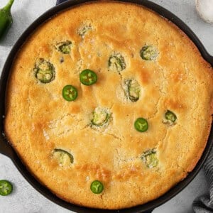 jalapeo cornbread in a cast iron skillet.