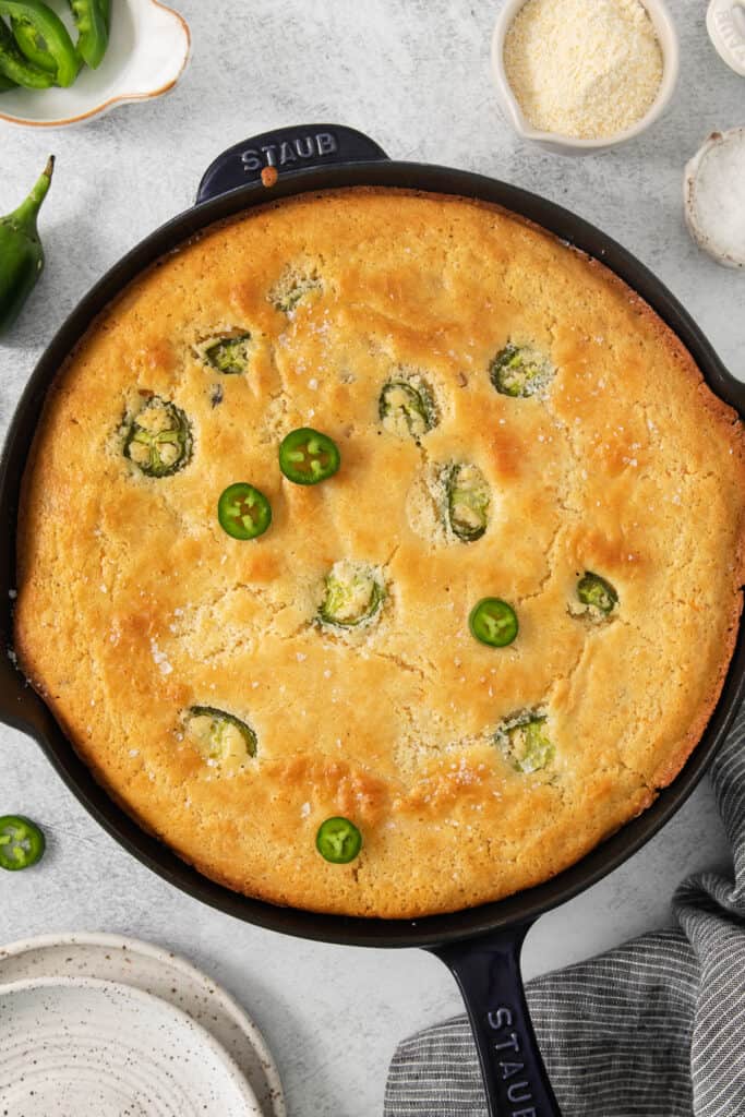 jalapeo cornbread in a cast iron skillet.