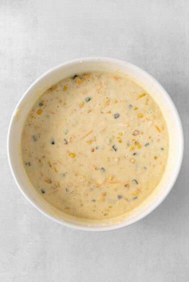 corn chowder in a white bowl.