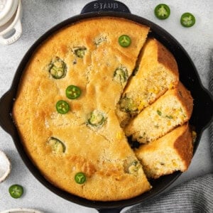 jalapeno cornbread in a cast iron skillet.