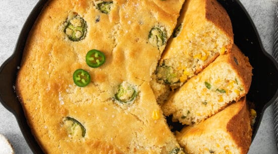 jalapeno cornbread in a cast iron skillet.