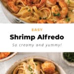 shrimp alfredo with a hand holding a fork.