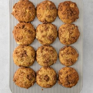 muffins in a metal pan on a grey background.