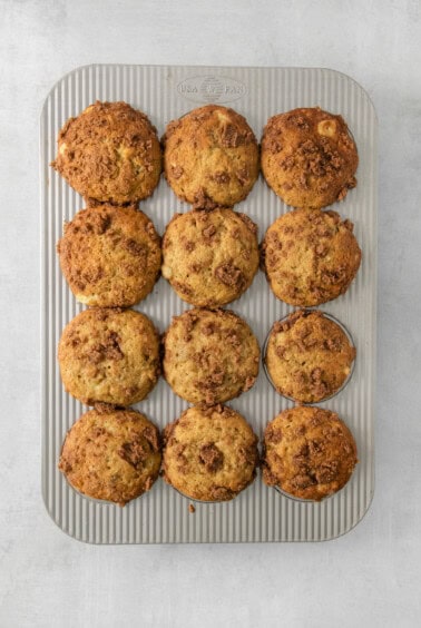 muffins in a metal pan on a grey background.