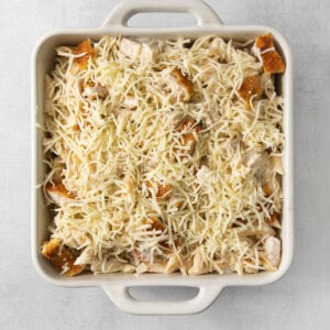 a casserole dish filled with cheese and chicken.