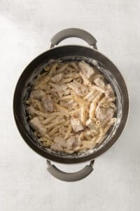a pot with pasta and chicken in it.