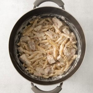 a pot with pasta and chicken in it.