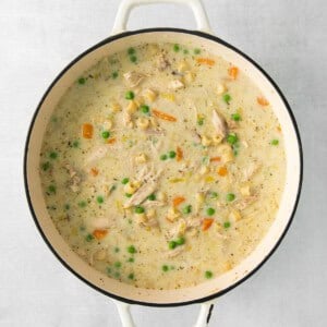 chicken chowder in a white pot with peas and carrots.