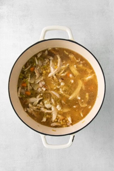 chicken soup in a pot on a white background.
