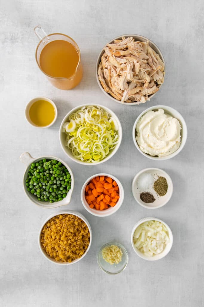 the ingredients for a chicken noodle soup.