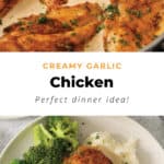 a recipe for creamy garlic chicken with broccoli and mashed potatoes.