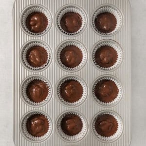 a muffin tin filled with chocolate cupcakes.