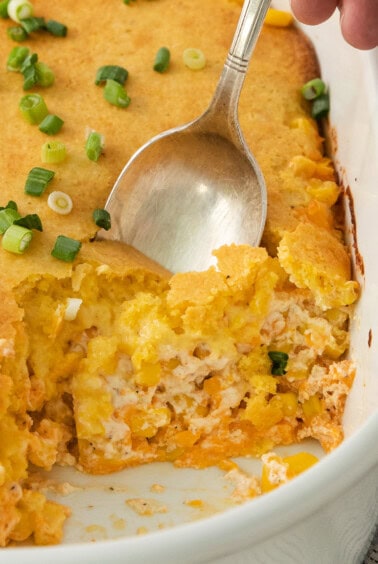 a close up of a spoon in a casserole dish.