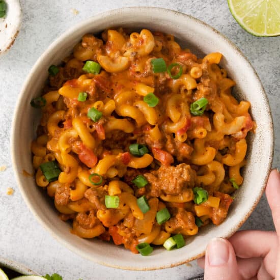 mexican macaroni and cheese in a bowl.
