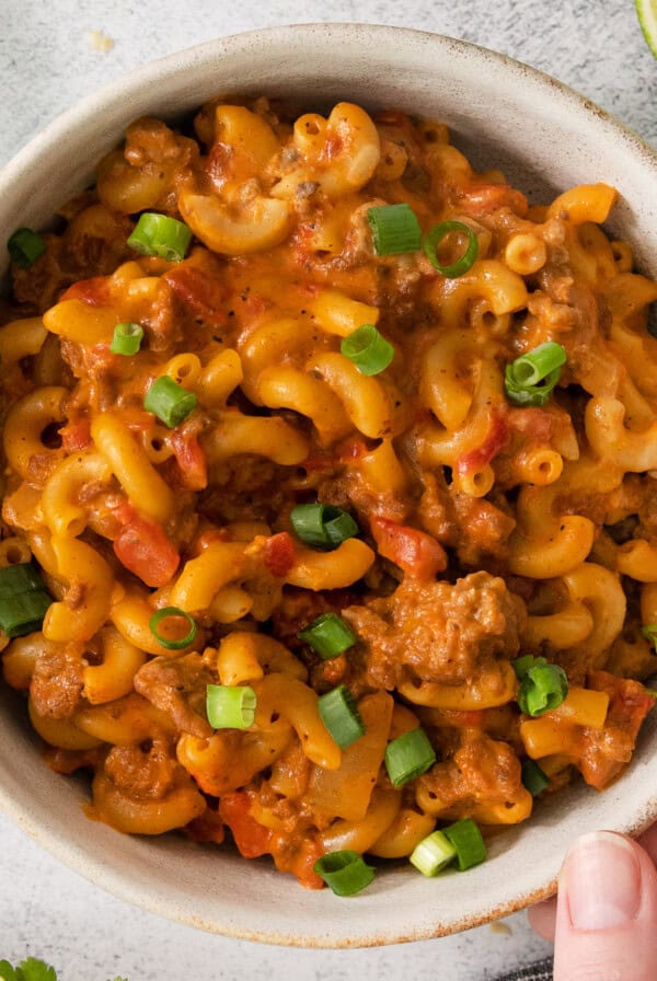 mexican macaroni and cheese in a bowl.