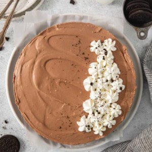 a plate of chocolate cake with marshmallows on top.