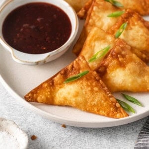 Cream cheese rangoon on a plate.