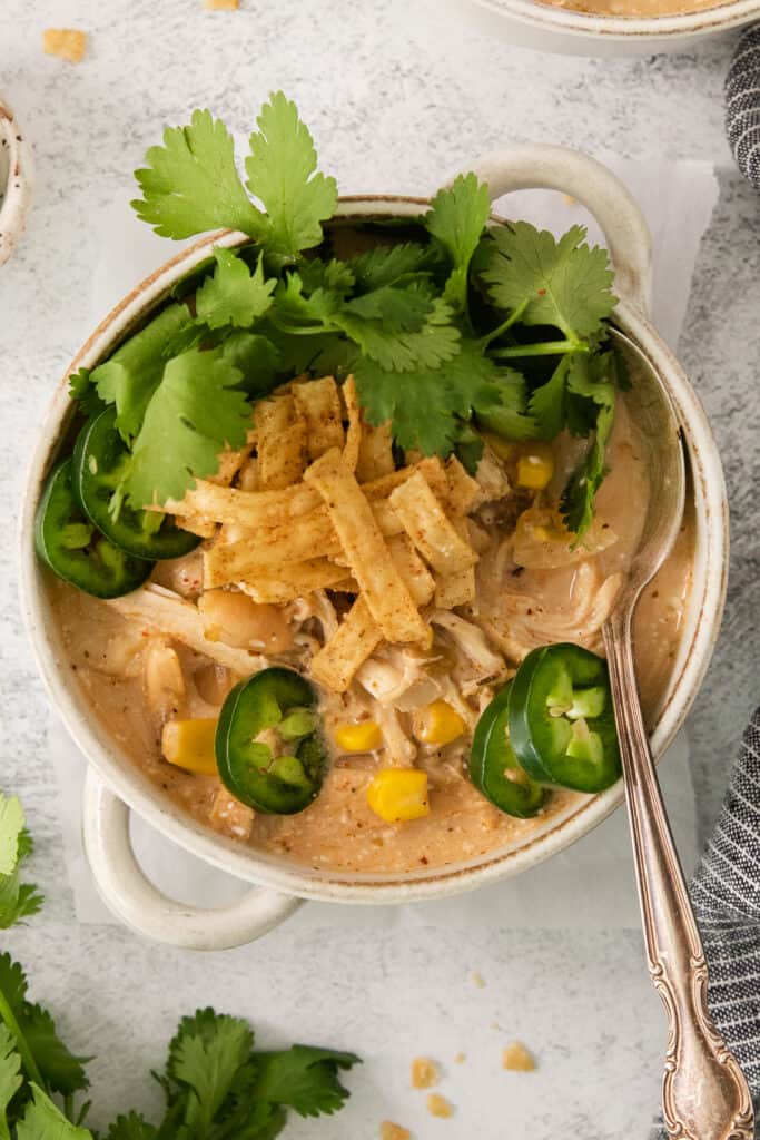 a bowl of chicken enchilada soup with tortillas and jalapenos.