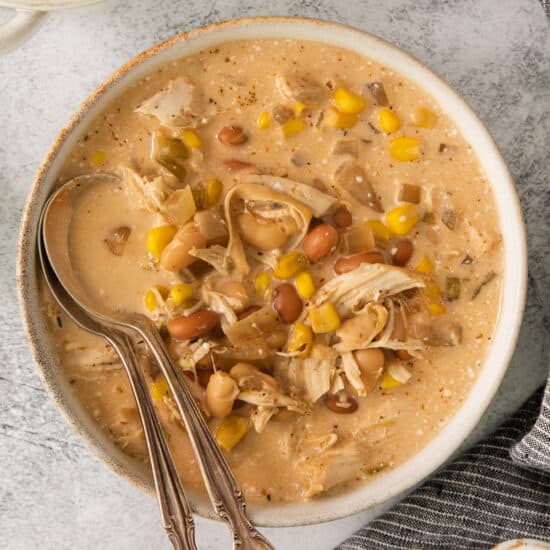 a bowl of chicken chowder with corn and beans.