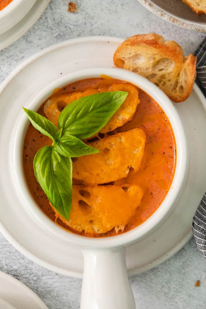 a bowl of tomato soup with bread and basil.