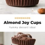 a stack of chocolate cups with almonds on top.