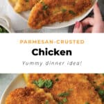 parmesan crusted chicken on a plate with lemons.