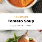 a bowl of tomato soup with a spoon in it.