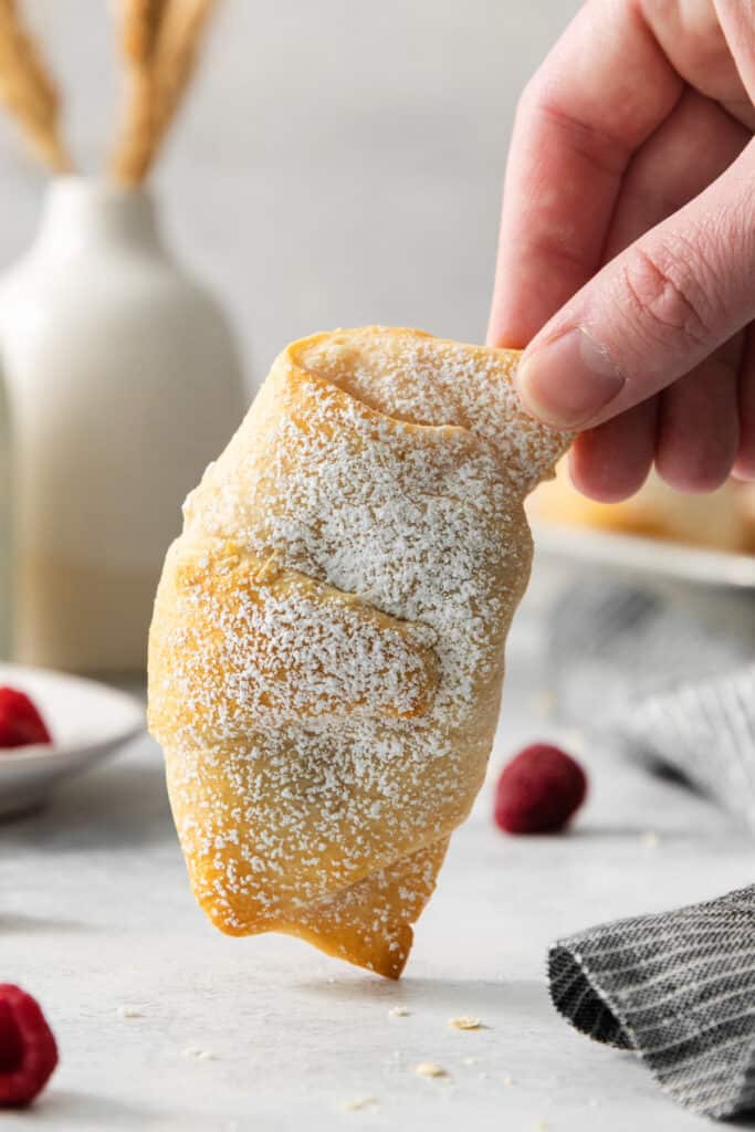 a hand holding a pastry with powdered sugar and raspberries.