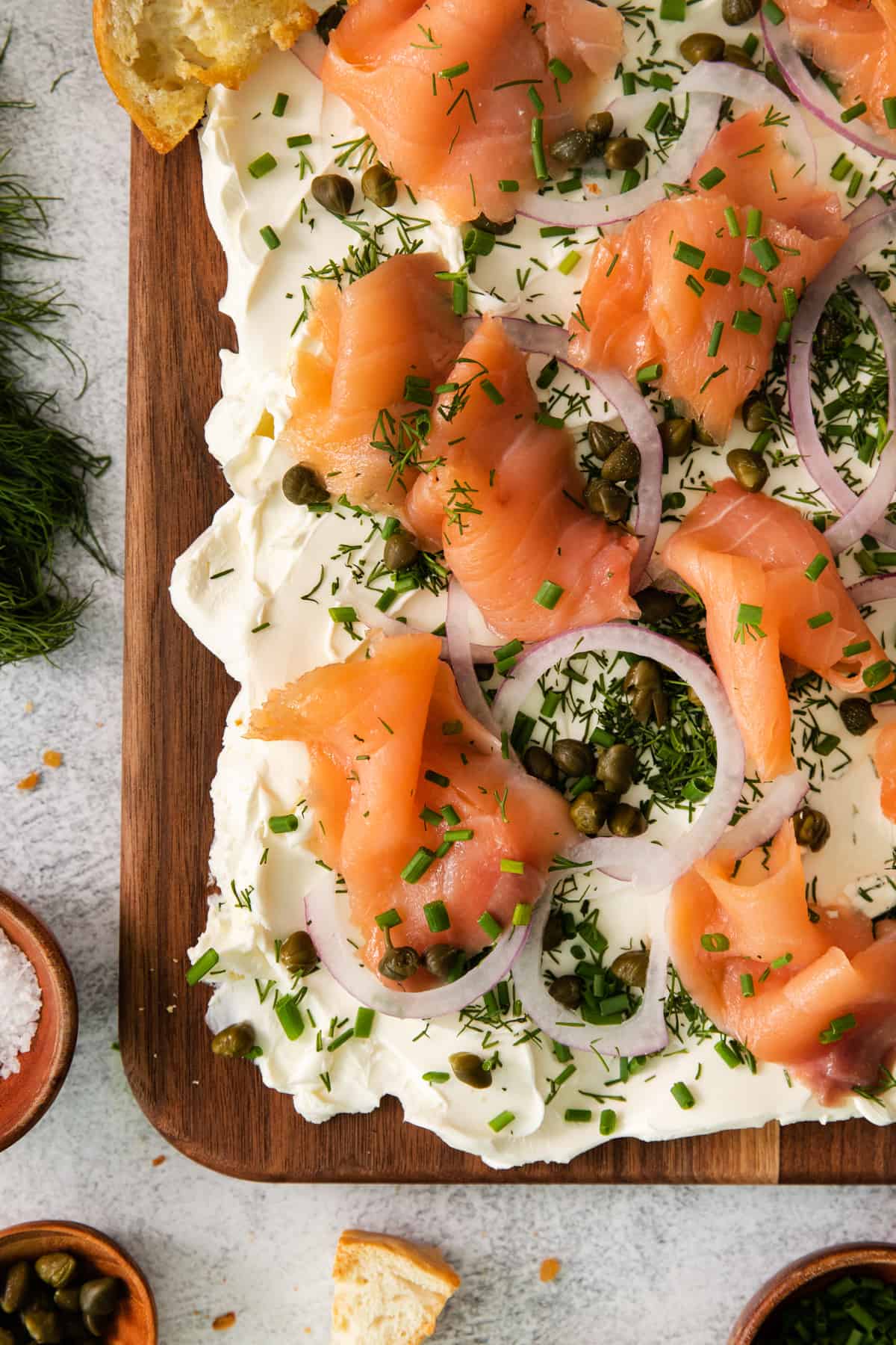 smoked salmon on a wooden board.