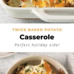 Two baked potato casserole in a dish with a fork.