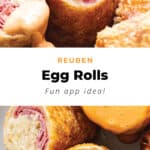 Fried egg rolls with ham and cheese on a plate.